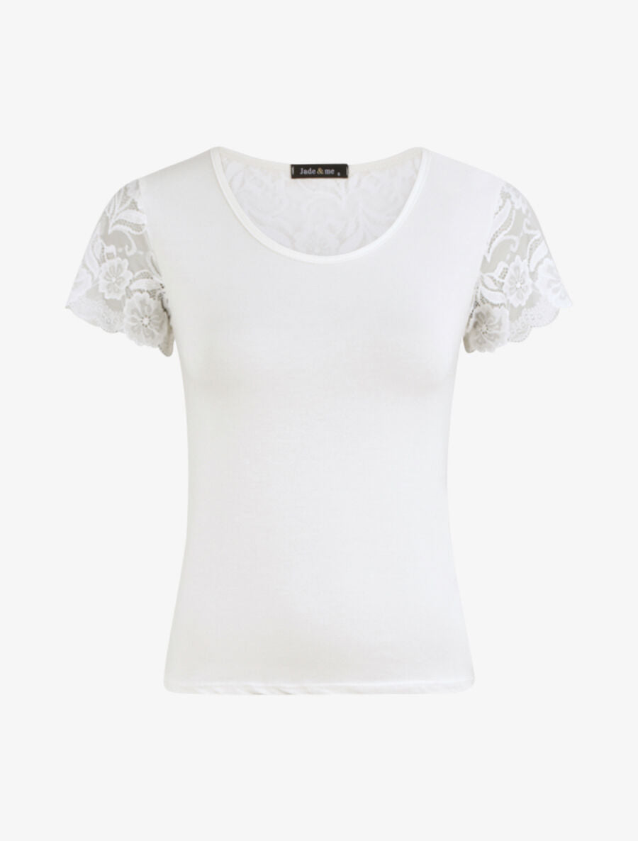 T-shirt ajusté à épaules en dentelle - Blanc - 4