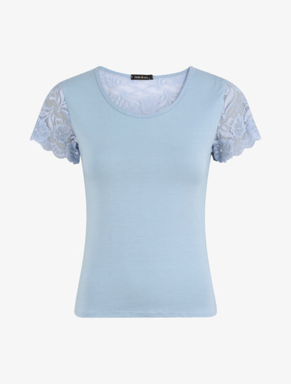 T-shirt ajusté à épaules en dentelle - Bleu clair - 5