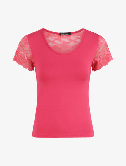 T-shirt ajusté à épaules en dentelle - Fushia - 1