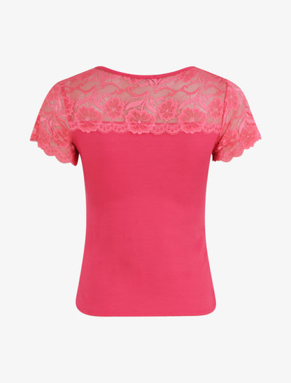 T-shirt ajusté à épaules en dentelle - Fushia - 2