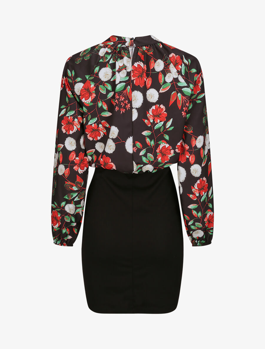 Robe bi-matière à imprimé pissenlits et roses - Noir - 3
