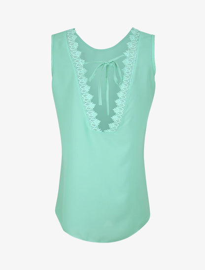 Top droit uni à dos en V et dentelle - Vert d&