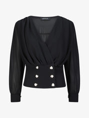 Blouse cache-coeur à boutons stylisés - Noir - 4