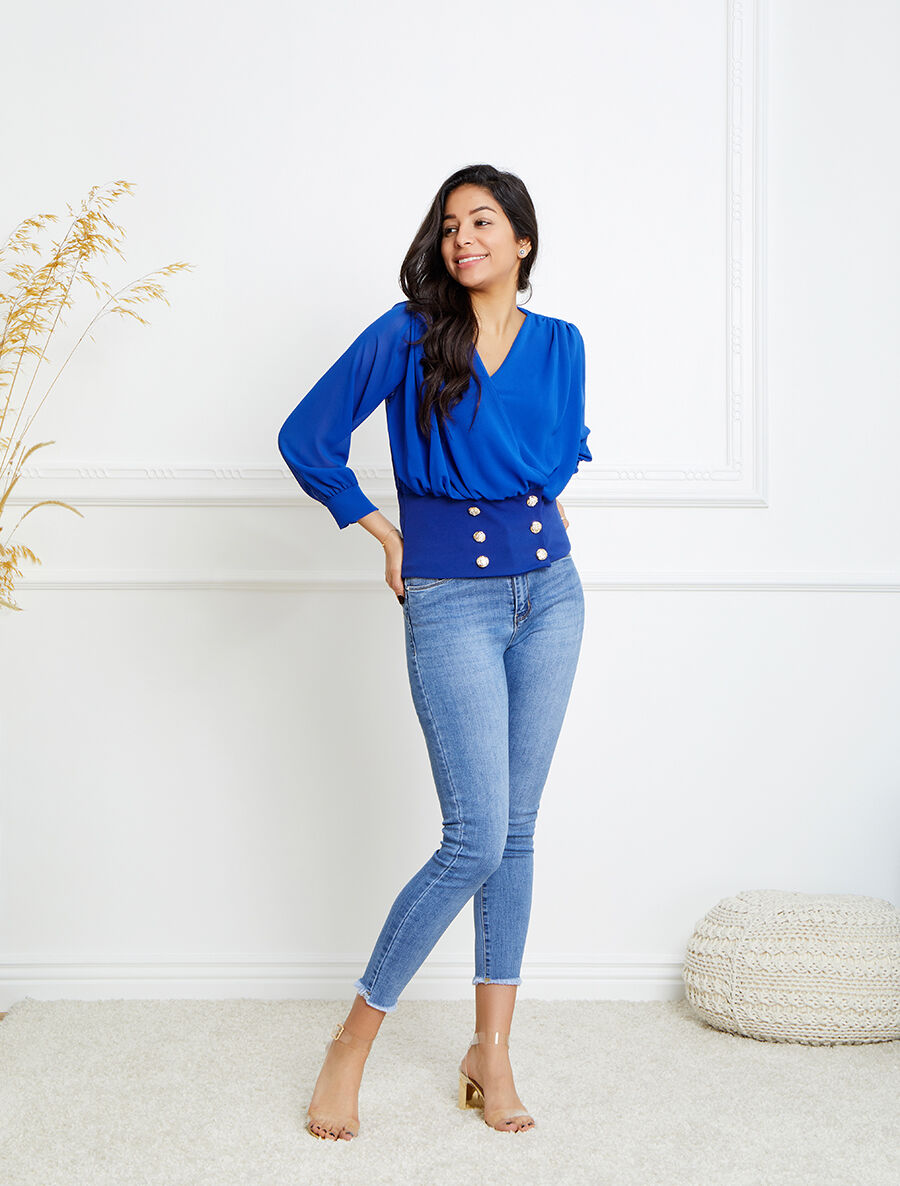 Blouse cache-coeur à boutons stylisés - Bleu roi - 4