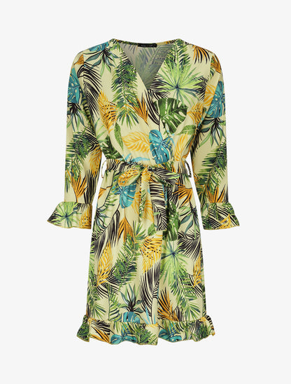 Robe imprimé tropical à manches et bords volantés - Jaune - 1