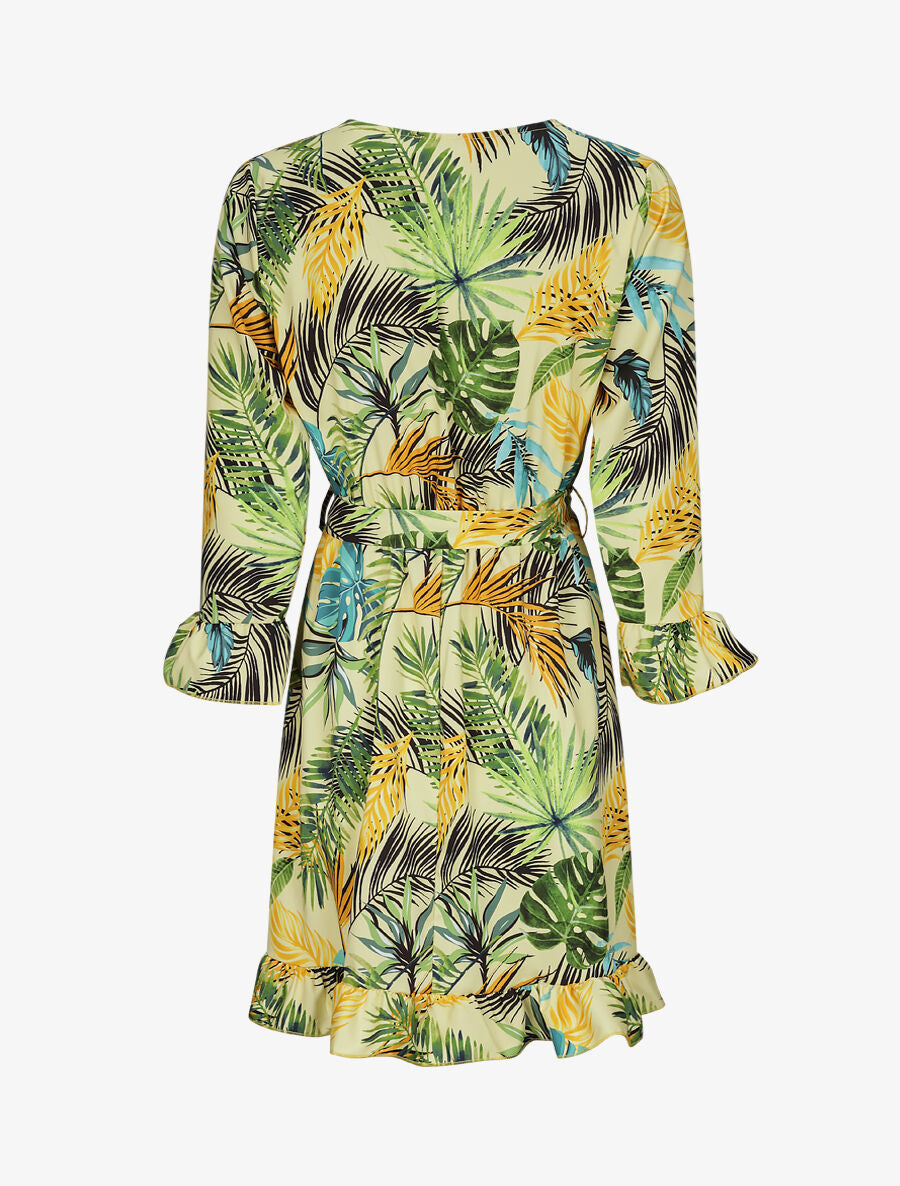 Robe imprimé tropical à manches et bords volantés - Jaune - 2