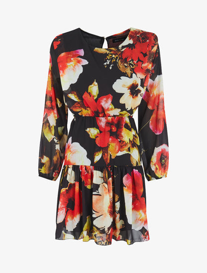 Robe imprimé fleurs stylisées à épaules marquées - Noir - 4