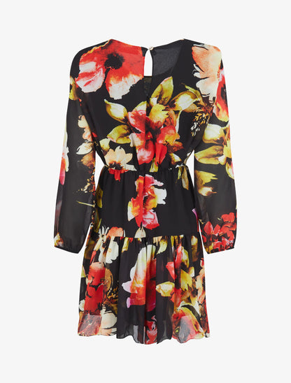 Robe imprimé fleurs stylisées à épaules marquées - Noir - 2