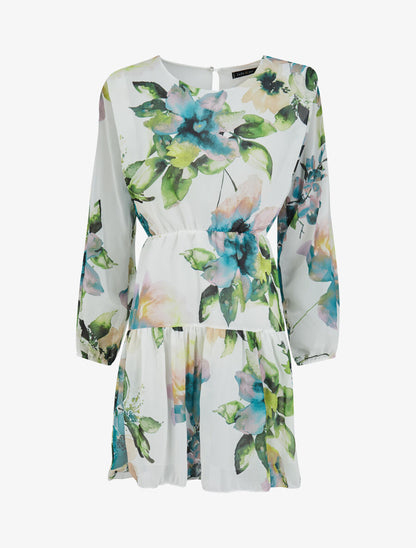 Robe imprimé fleurs stylisées à épaules marquées - Blanc - 1