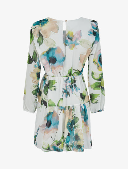 Robe imprimé fleurs stylisées à épaules marquées - Blanc - 2