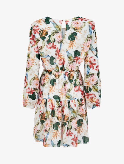 Robe imprimé bouquet tropical à épaules marquées - Blanc - 2