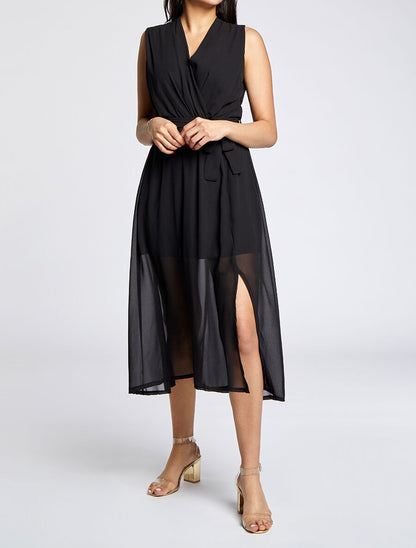 Robe longue unie à voile - Noir - 4