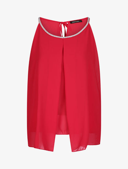 Top en voile orné de strass - Rouge - 5