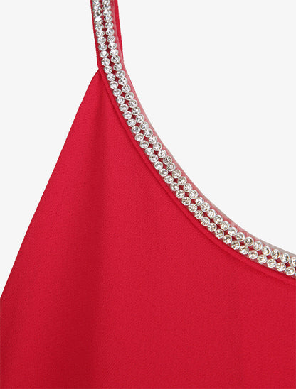 Top en voile orné de strass - Rouge - 3