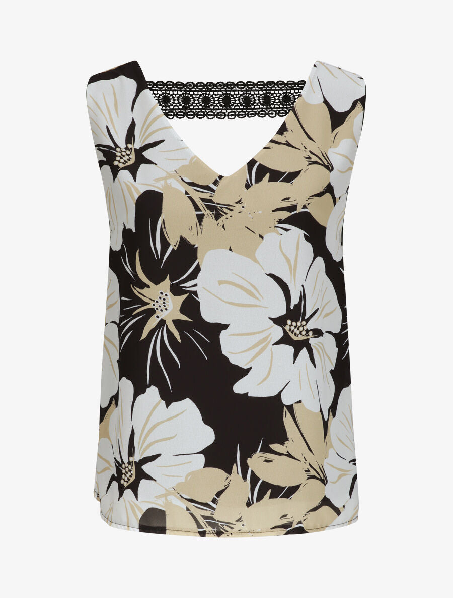 Top en voile à dos ajouré et imprimé grandes fleurs - Noir - 5