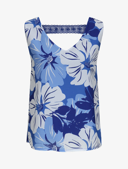 Top en voile à dos ajouré et imprimé grandes fleurs - Bleu - 5