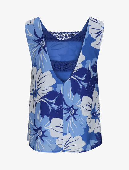 Top en voile à dos ajouré et imprimé grandes fleurs - Bleu - 2