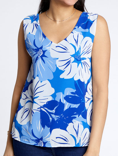 Top en voile à dos ajouré et imprimé grandes fleurs - Bleu - 4
