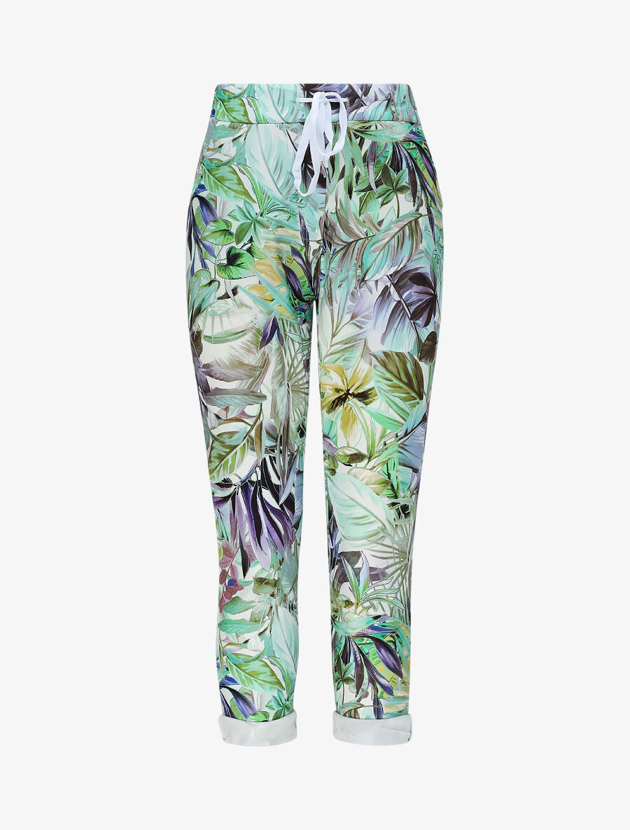 Pantalon imprimé tropical à taille élastiquée - Vert - 1