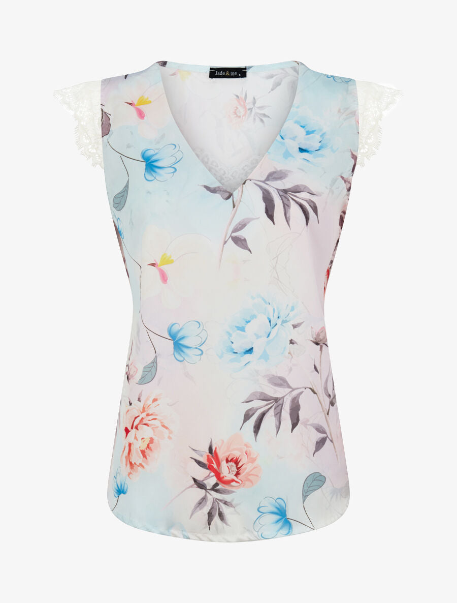 Top satiné imprimé pivoines à détail dentelle - Beige - 1