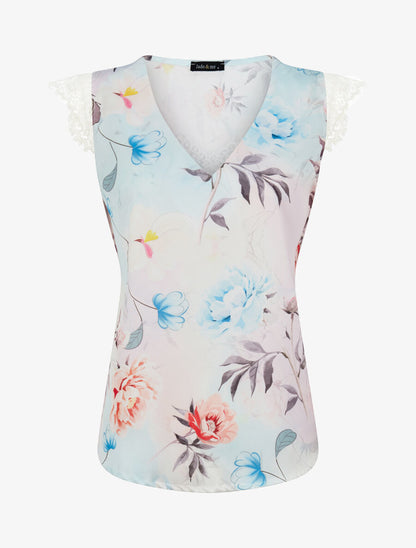 Top satiné imprimé pivoines à détail dentelle - Beige - 1