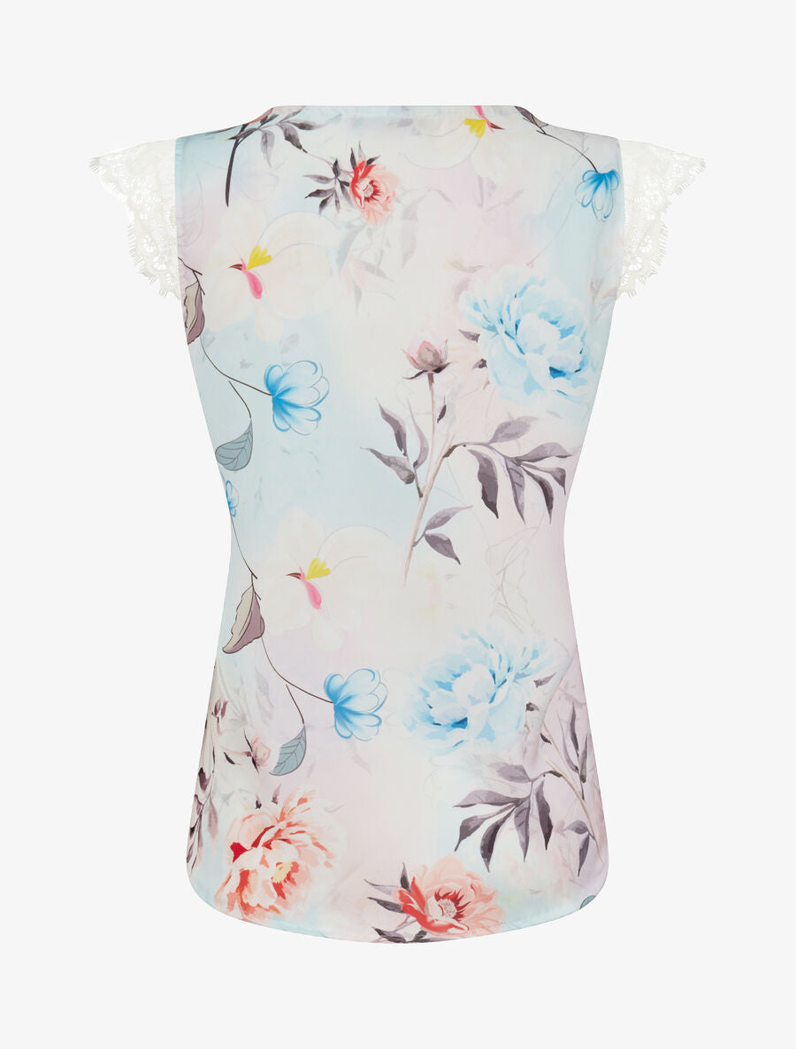 Top satiné imprimé pivoines à détail dentelle - Beige - 2