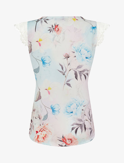 Top satiné imprimé pivoines à détail dentelle - Beige - 2