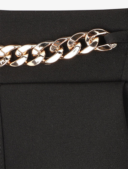 Pantalon droit à taille élastiqué et détail métal - Noir - 3
