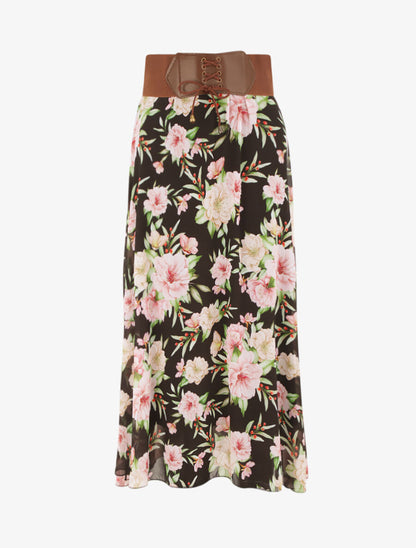 Jupe midi fluide imprimé floral - Noir - 5
