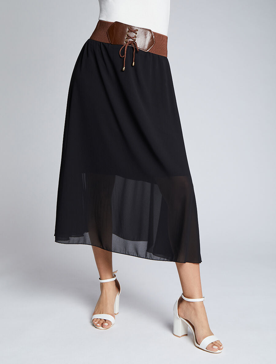 Jupe midi fluide unie - Noir - 4
