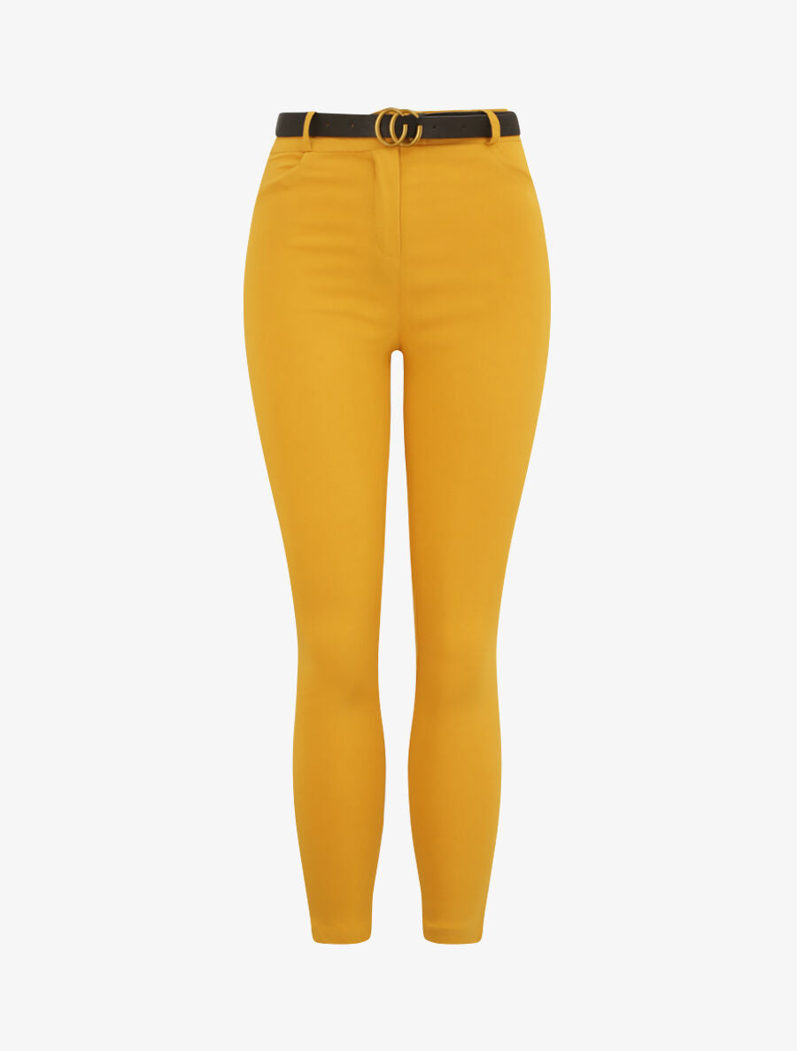 Pantalon slim uni à taille haute - Moutarde - 4