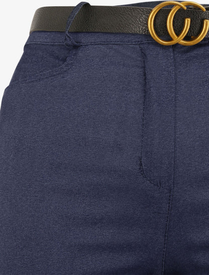 Pantalon slim uni à taille haute - Bleu denim - 3