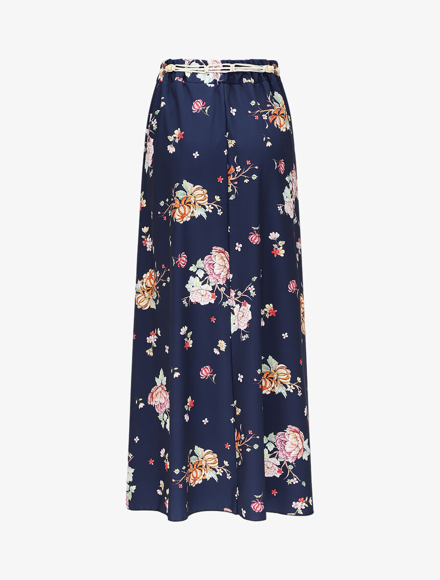 Jupe longue évasée imprimé pivoines - Marine - 2