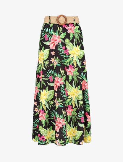 Jupe longue à imprimé tropical - Noir - 5