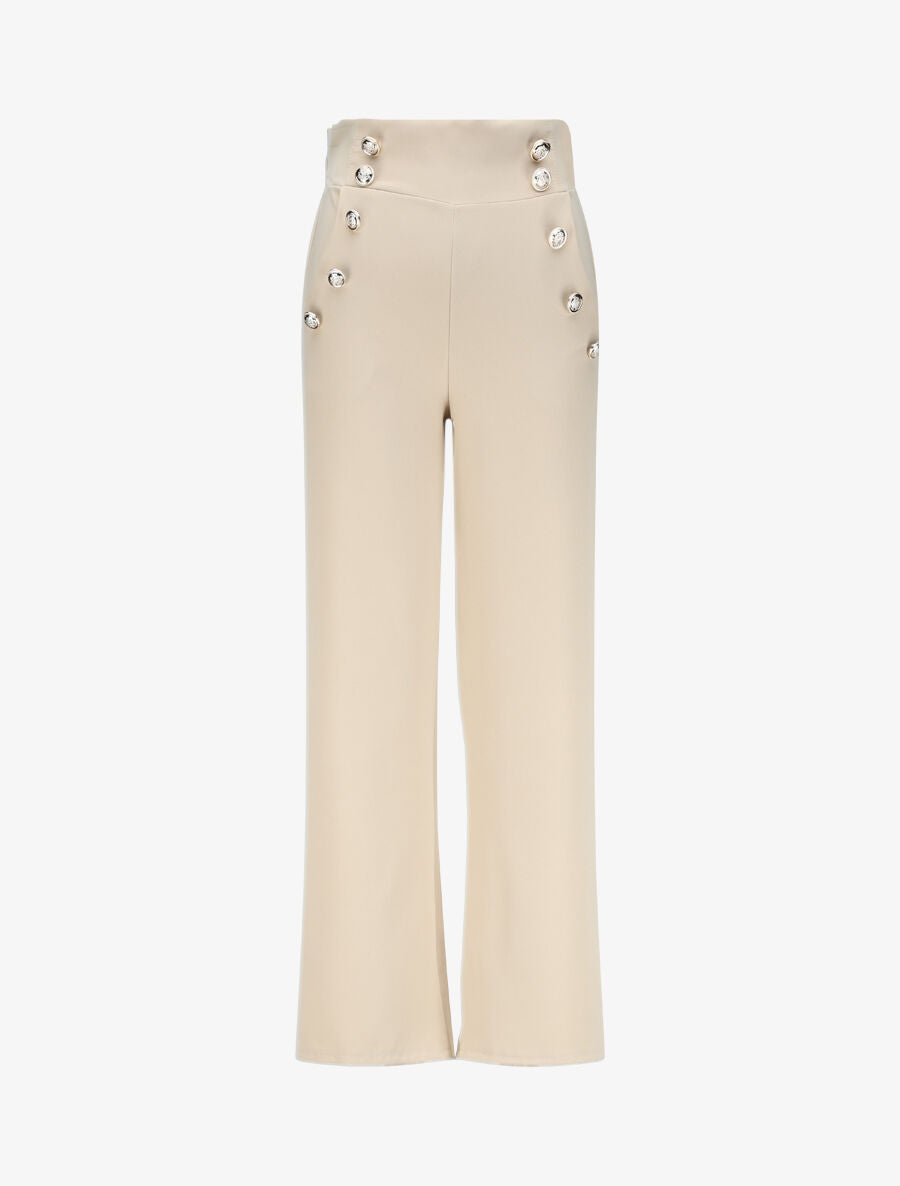 Pantalon droit à boutons et taille stylisés - Beige - 1