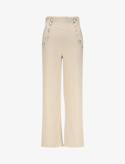 Pantalon droit à boutons et taille stylisés - Beige - 1