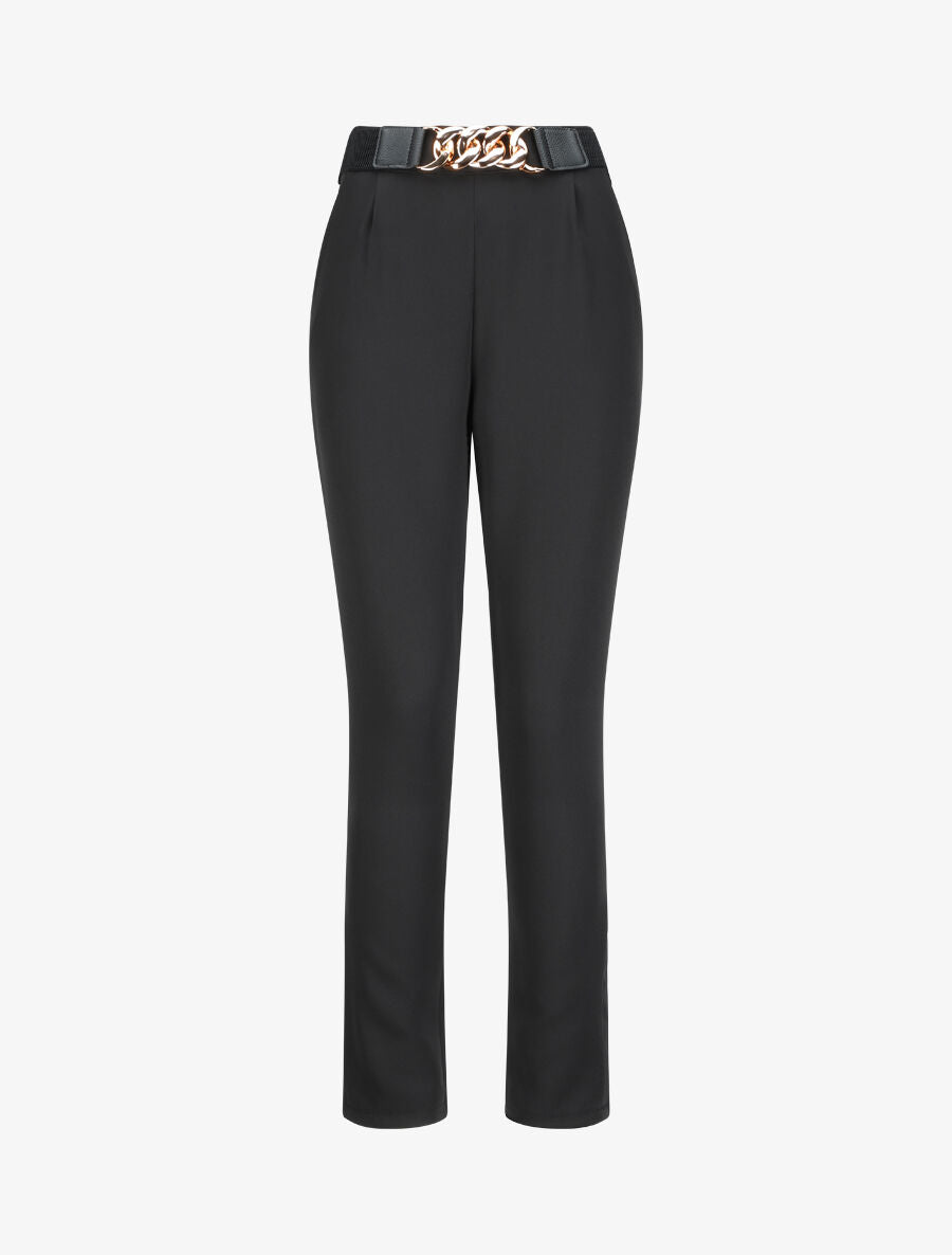 Pantalon uni à ceinture stylisée - Noir - 1