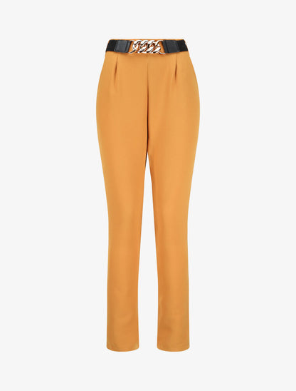 Pantalon uni à ceinture stylisée - Jaune moutarde - 4