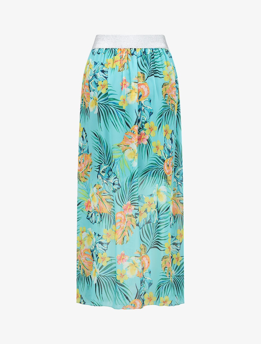 Jupe longue en voile imprimé tropical à ceinture contrastante - Bleu turquoise - 2