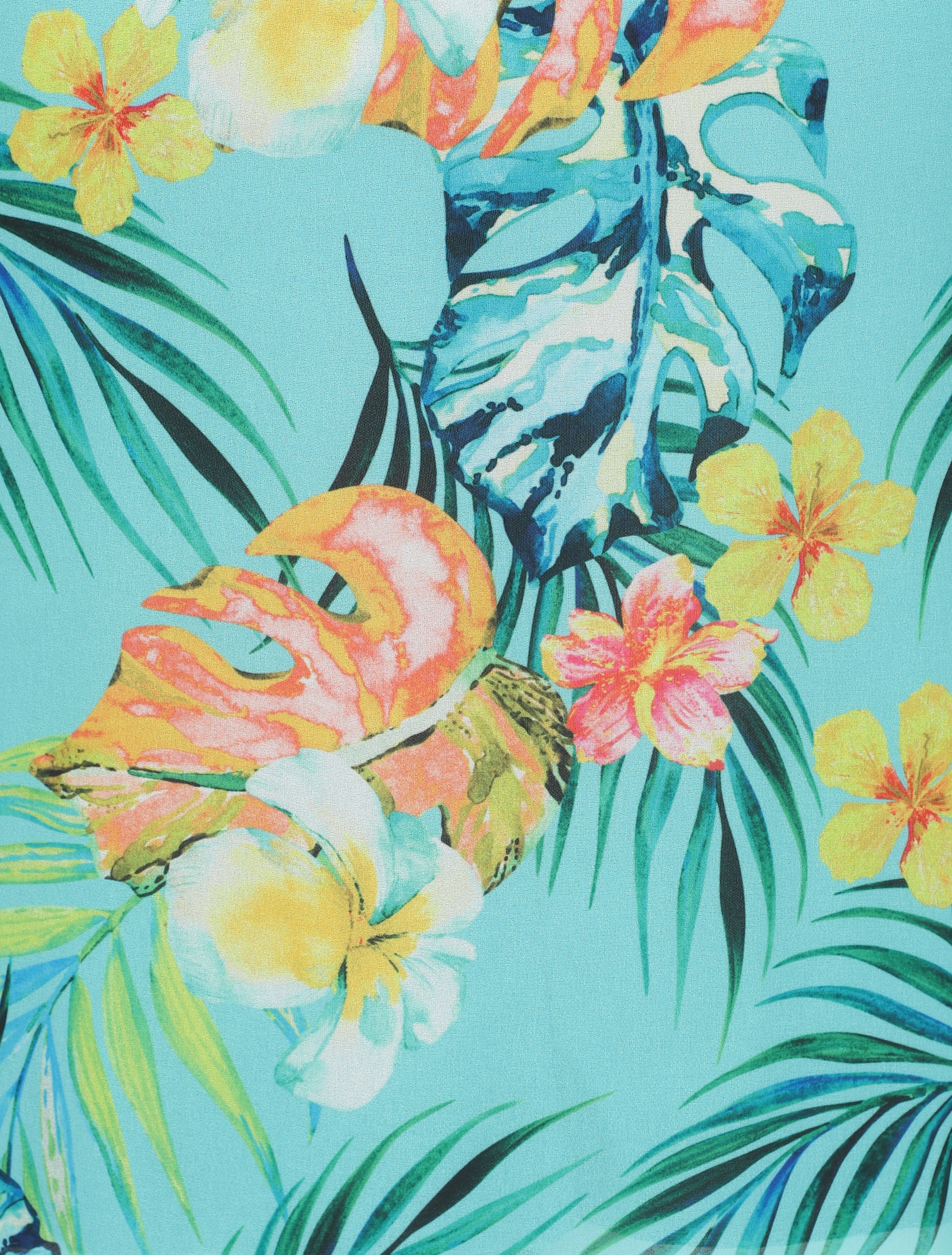 Jupe longue en voile imprimé tropical à ceinture contrastante - Bleu turquoise - 3