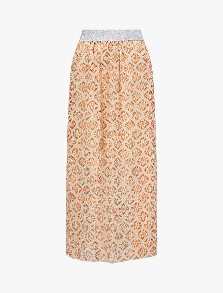 Jupe longue en voile imprimé psychédélique à ceinture contrastante - Beige - 1