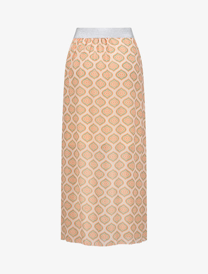 Jupe longue en voile imprimé psychédélique à ceinture contrastante - Beige - 2