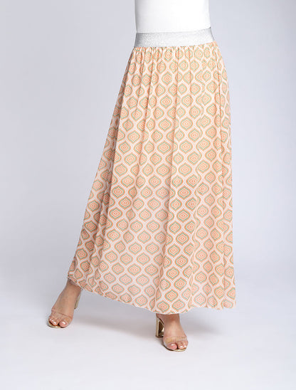 Jupe longue en voile imprimé psychédélique à ceinture contrastante - Beige - 4