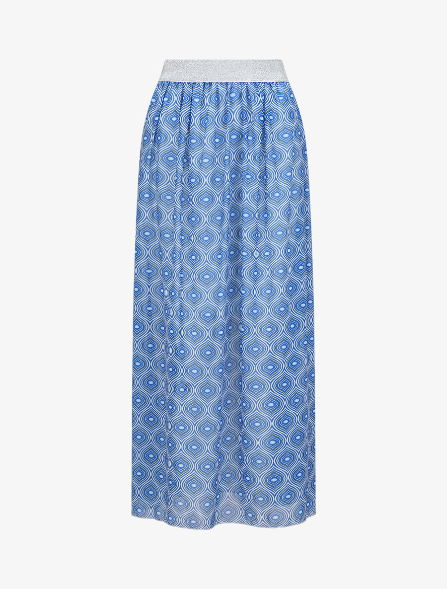 Jupe longue en voile imprimé psychédélique à ceinture contrastante - Bleu - 5