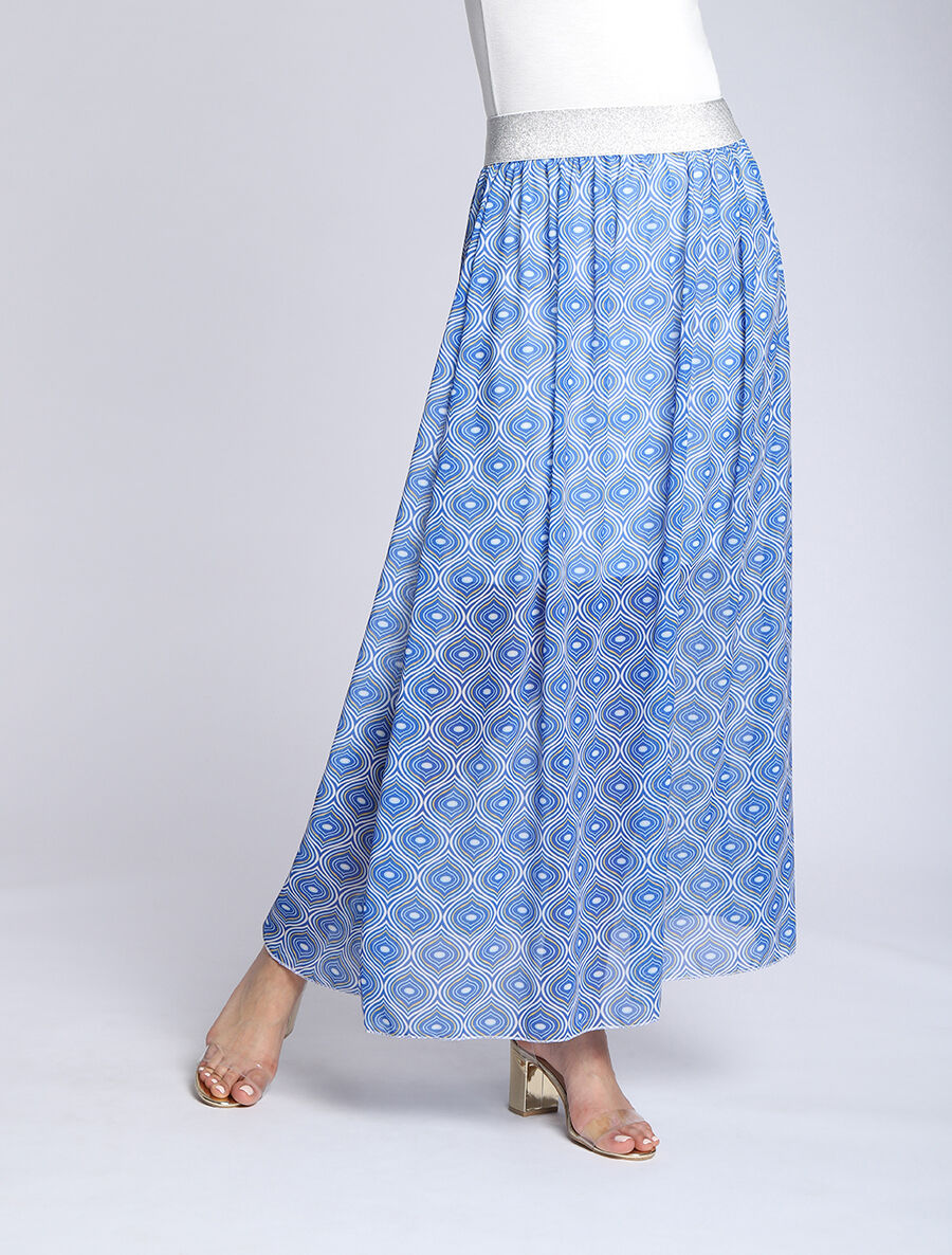 Jupe longue en voile imprimé psychédélique à ceinture contrastante - Bleu - 4