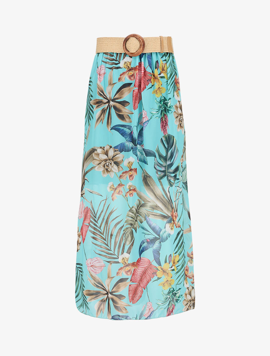 Jupe longue en voile imprimé fleurs tropicales - Bleu turquoise - 5