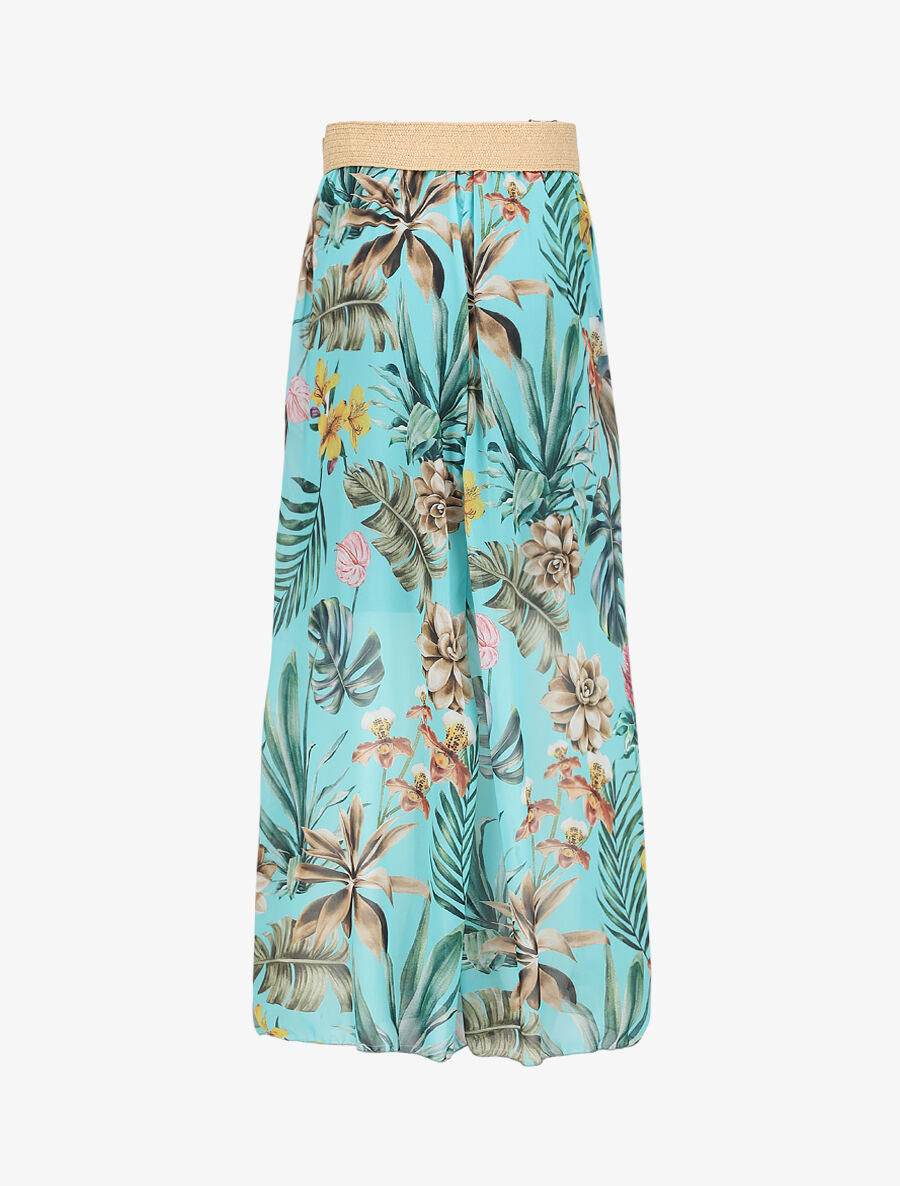 Jupe longue en voile imprimé fleurs tropicales - Bleu turquoise - 2