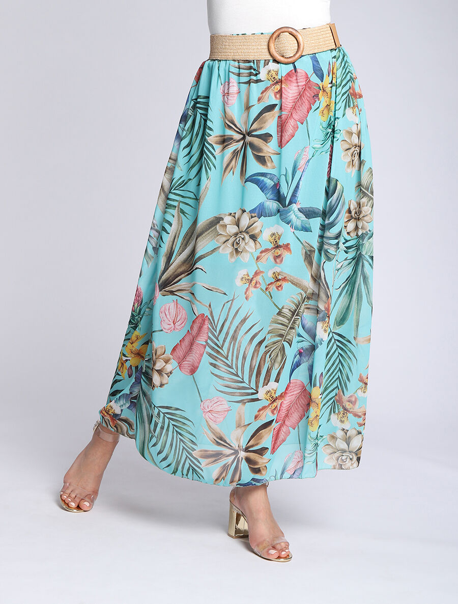 Jupe longue en voile imprimé fleurs tropicales - Bleu turquoise - 4