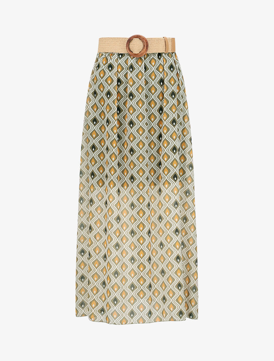 Jupe longue en voile imprimé géométrique stylisé - Kaki - 1