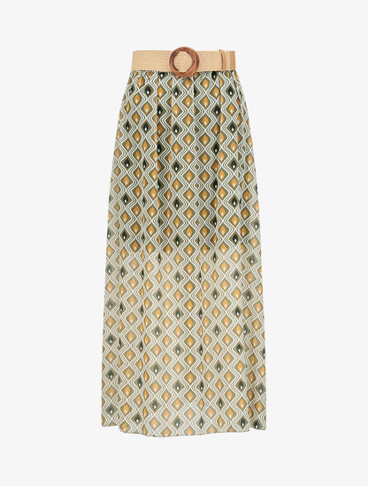 Jupe longue en voile imprimé géométrique stylisé - Kaki - 1